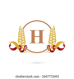 Letter H wheat logo template with ribbon. Organic concept. Nature icon symbol.