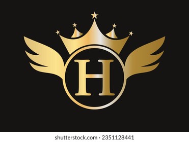 Letter H Wing Logo Concept With Crown Icon Vector Template. Wing Symbol