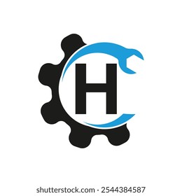Letter H wrench and Gear Logo for mechanical, technology, repair service, automotive business, Construction Repair Logo Vector Template