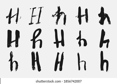 Carta H escrita a mano. Letra negra H escrita en caligrafía gruesa. Las diferentes versiones del tipo de letra son dibujadas a mano en un estilo descuidado. Ilustración de vectores.