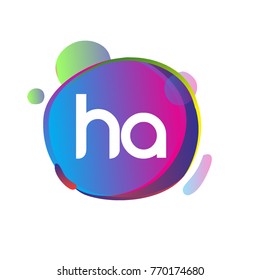 Letter HA logo with colorful splash background, letter combination logo design for creative industry, web, business and company.
