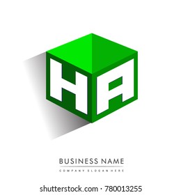Letter HA logo in hexagon shape and green background, cube logo with letter design for company identity.
