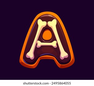 Letter A Halloween font, cartoon evil type, funny scary typeface, spooky alphabet uppercase chocolate cookie letter decorated with bs. Isolated vector Latin abc typography for holiday celebration