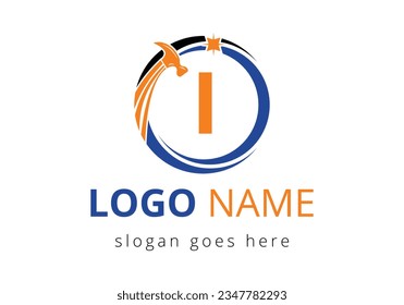 Letter I Hammer Logo Concept For Construction, Woodworking Company Repair Symbol Vector Template.  Modern vector logo for construction business, and company identity