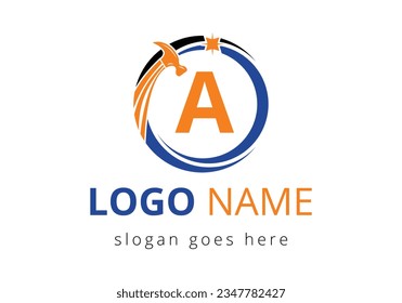 Letra A Hammer Logotipo Concepto Para Construcción, Plantilla De Vector De Símbolos De Reparación De La Compañía De Madera.  Logo vectorial moderno para el negocio de la construcción e identidad de la empresa