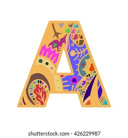 Letter A hand drawn doodle style lettering word colorful.