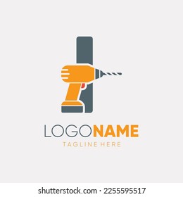 Ilustración de emblema gráfico del icono del vector del logotipo de la máquina de taladros manual de la letra I