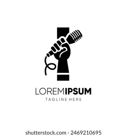 Letra I Mano con Micrófono Diseño de Logo Icono de Vector Ilustración de emblema gráfico
