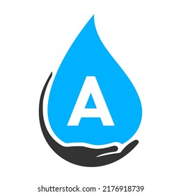 Concept du logo lettre A main et eau. Modèle d'image vectorielle du logo Water Care