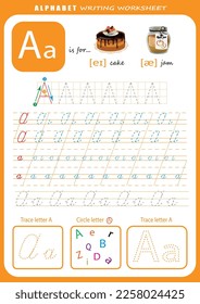 Hoja de trabajo de práctica de escritura a mano de cartas. Hoja de cálculo de seguimiento de letras de alfabeto para niños con juegos e ilustraciones brillantes. Página Aprendiendo actividad alfabética. Plantilla imprimible.