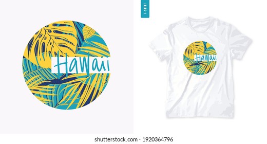 Letter Hawaii colorful summer graphic t-shirt design, tropical print, vector illustration.