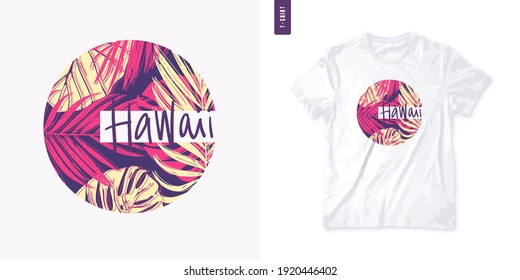 Letter Hawaii colorful summer graphic t-shirt design, tropical print, vector illustration.