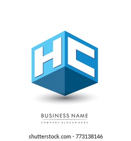 Letter HC logo in hexagon shape and blue background, cube logo with letter design for company identity.
