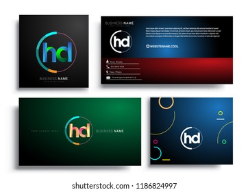 Letter HD logotype with colorful circle, letter combination logo design with ring, sets of business card for company identity, creative industry, web, isolated on white background.