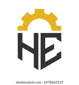 Letter HE Gear Logo Design for Service Center, Repair, Factory, Industrial, Digital and Mechanical Business