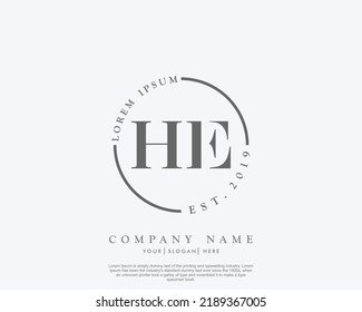 Letra HE Logo de escritura manual inicial con firma y estilo dibujado a mano.