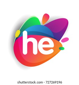 Letter HE logo with colorful splash background, letter combination logo design for creative industry, web, business and company.