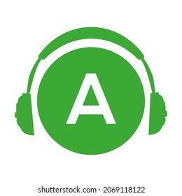 letter A head phone simple vector icon or logo with green color