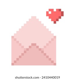 Letter with heart Icon For Valentine's Day. Pixel 8 bit style