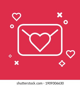 Letter with heart. Linear icon on red background. Valentine's day, love, holiday. Vector illustration 