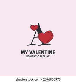 letter A with heart shape cute doodle style for a lover identity, valentine gift brand, and girl toy shop