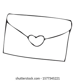 Letter with heart single element hand drawn doodle style. Vector illustration. Black outlines isolated on white background. Valentine's day design for invitations, wedding or greeting cards.