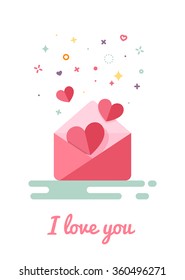 letter with hearts in the style of flat design. Inscription I love you. Modern style stars and circles. For Valentine's Day