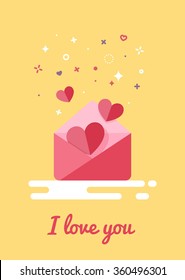 letter with hearts in the style of flat design . Inscription I love you. Modern style stars and circles. For Valentine's Day