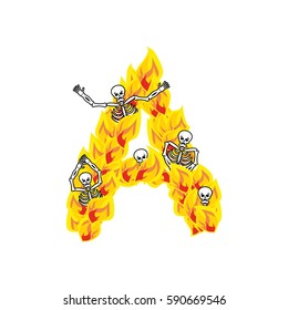 Letter A hellish flames and sinners font. Fiery lettering. Infernal fire alphabet sign. ABC devilish flame of Death Satanic and skeleton

