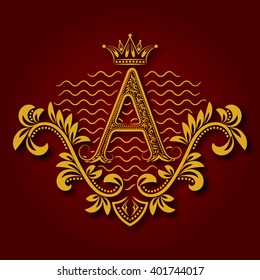 Letter A heraldic monogram in coats of arms form. Vintage golden logo with shadow on maroon background. Letter A is surrounded by floral elements of design.