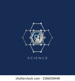 A Letter Hexagon Ring Techno Logo. Silver Hexagon Geomtrical Ring with letter logo icon on blue background color for science technology design concept.