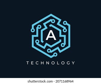 Letter A with Hexagon Technology Logo. Vector logo template