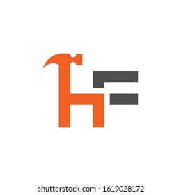 Letter HF with with hammer renovation, building services, repair, construction logo design template. Orange and Grey color icon. Isolated on white background. Vector illustration in eps 10.