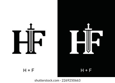 Letra HF con concepto de combinación de espada sobre fondo blanco y negro. Muy adecuado para el símbolo, logotipo, nombre de la empresa, nombre de marca, nombre personal, icono y muchos más.