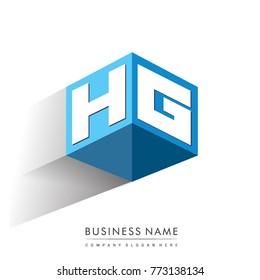 Letter HG logo in hexagon shape and blue background, cube logo with letter design for company identity.

