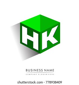 Letter HK logo in hexagon shape and green background, cube logo with letter design for company identity.
