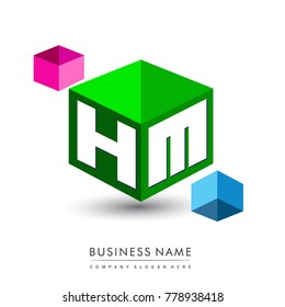 Letter HM logo in hexagon shape and green background, cube logo with letter design for company identity.
