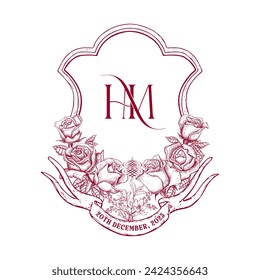 Letter HM MH Initial vintage Wedding Monogram Crest with roses, Custom shield crest vector illustration