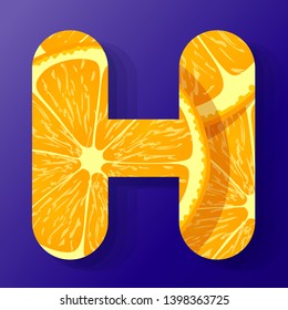 Letter H,made of orange fruit slices, isolated on a dark blue background, vector illustration