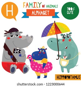 Letter H-Mega big set.Cute vector alphabet with family of animals in cartoon style.