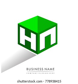 Letter HN logo in hexagon shape and green background, cube logo with letter design for company identity.
