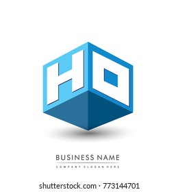 Letter HO logo in hexagon shape and blue background, cube logo with letter design for company identity.
