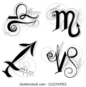 Letter Horoscope, zodiac or Astrology symbol are Libra Scorpio Sagittarius and Capricorn  black and white color art illustration classic, vintage designhas clipping path.