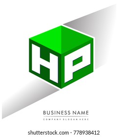 Letter HP logo in hexagon shape and green background, cube logo with letter design for company identity.
