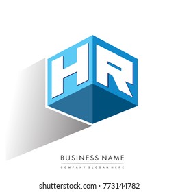 Letter HR logo in hexagon shape and blue background, cube logo with letter design for company identity.
