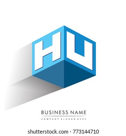 Letter HU logo in hexagon shape and blue background, cube logo with letter design for company identity.
