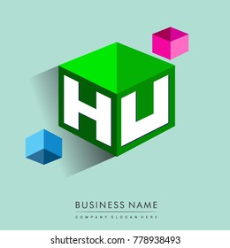 Letter HU logo in hexagon shape and green background, cube logo with letter design for company identity.
