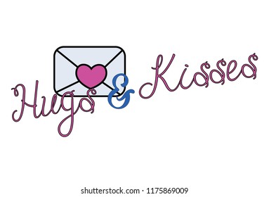 Letter of Hugs & kisses. Sticker for social media post. Lettering hugs & kisses. Isolated on white background.