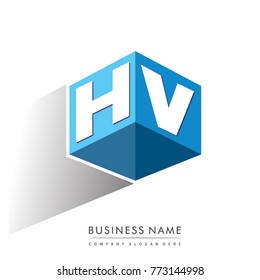 Letter HV logo in hexagon shape and blue background, cube logo with letter design for company identity.
