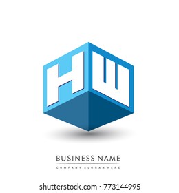 Letter HW logo in hexagon shape and blue background, cube logo with letter design for company identity.

